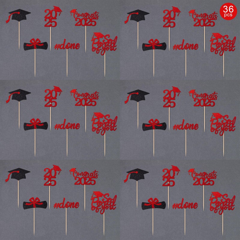 Gexolenu 36 pcs Class of 2025 Graduation Cupcake Toppers, Red Glitter Double-Sided Grad Cap Cake Picks for Party Supplies, Decorations - Image 3
